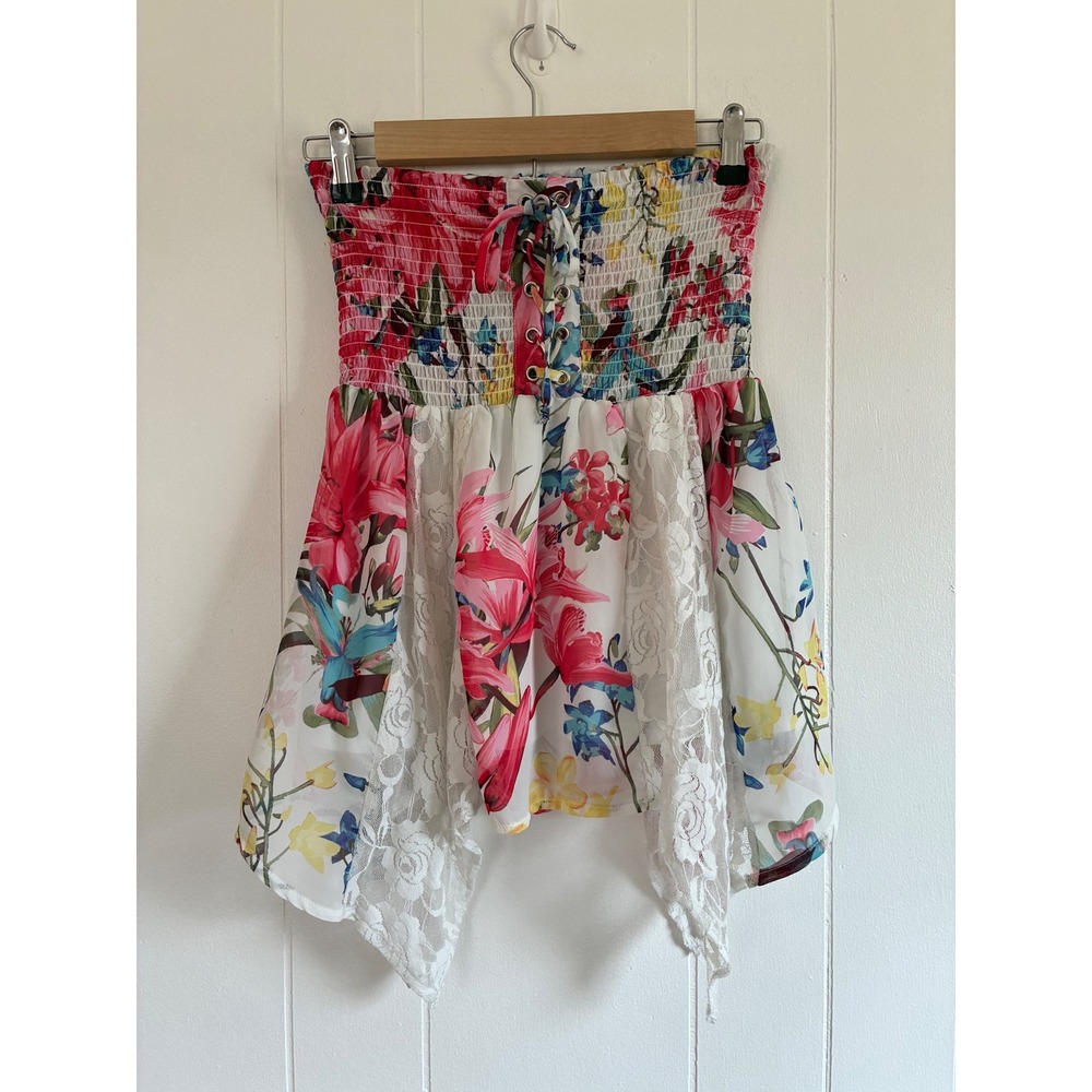 Venus Strapless Smocked Floral Lace Trim Fairycore Handkerchief Hem Top Womens S